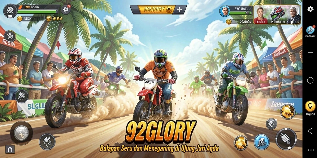 Screenshot gameplay 92GLORY menampilkan balapan yang mendebarkan di lintasan.