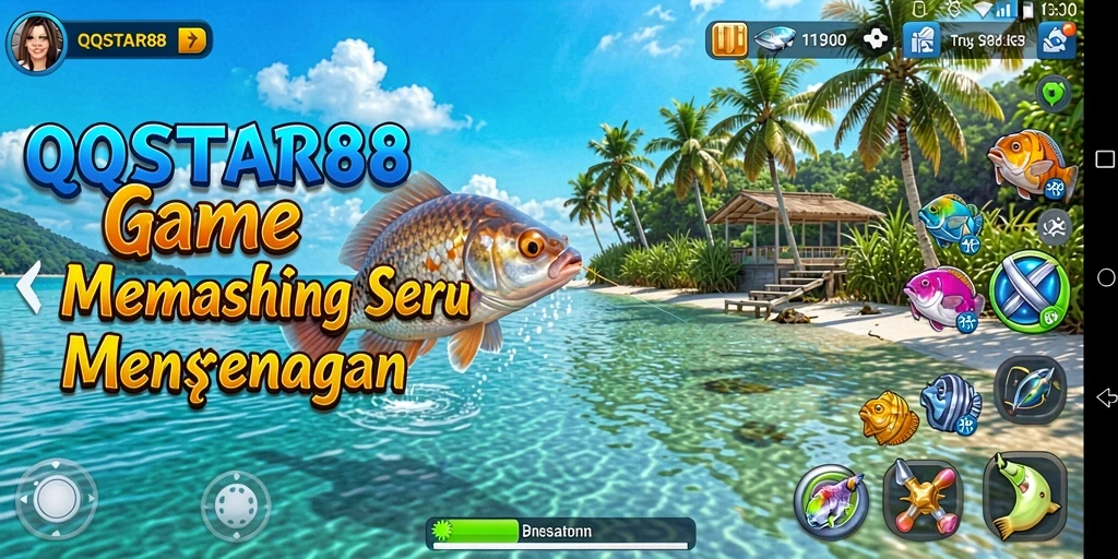 Screenshot gameplay menampilkan aksi memancing di lokasi indah dengan ikan beragam.