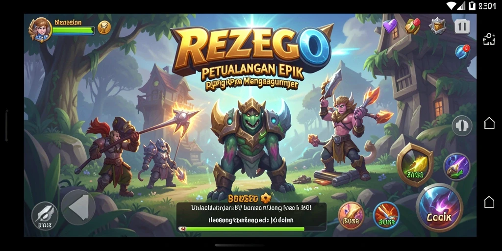 Screenshot utama REZEGO menampilkan aksi dan petualangan seru di dunia RPG.